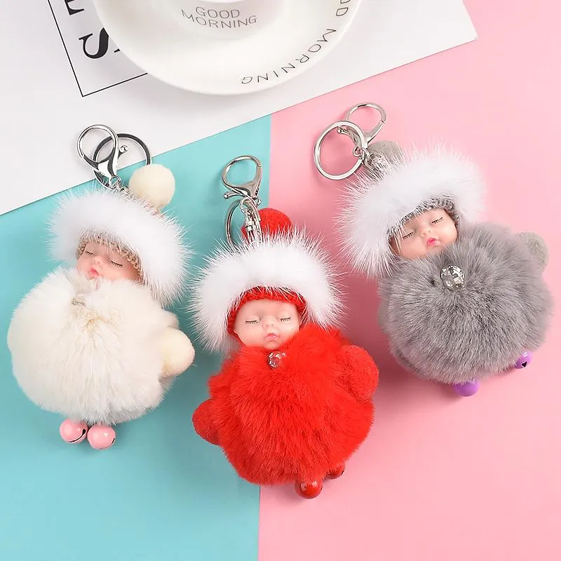 Chaveiros Pompom Dormindo Bebê Chaveiro Bonito Fofo Boneca De Pelúcia Mulheres Menina Saco Chaveiros Carros Chaveiro Jóias Presente Porte Clef1320H