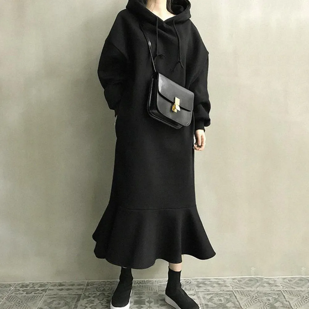 Simple Stylish Hoodie Dress Women Korean Vestido Fleece Warm Sweatshirts Long Sleeve Chic Ruffle Hooded Loose Midi Dresses LJ201209