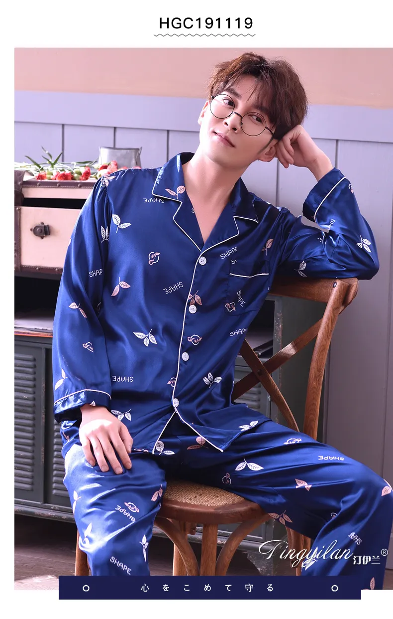 남성 실크 잠옷 긴 소매 homewear 성인 레저 나이트웨어 학생 잠자리 플러스 사이즈 실크 나이트 스 슈트 남성 Pijama LJ201113