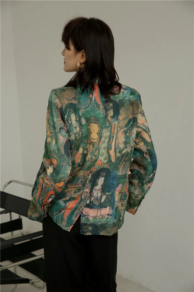 CHEERART Green Buddha Print Blazer e giacche da donna Blazer e giacche da donna di alta moda Blazer a maniche lunghe Cappotto autunnale LJ201212