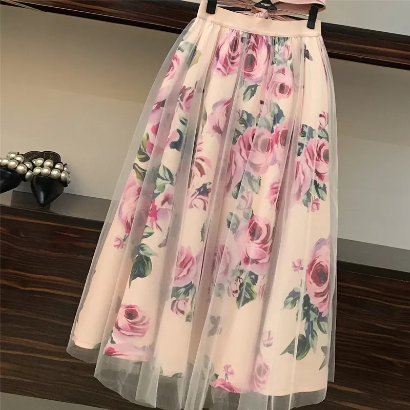 2020 Sommar Elegant Rosa Set Kvinnor Söt Bowknot Oregelbundet Crop Top Cotton T-Shirt + Mesh Floral Tulle Långkjolar Suits T200702