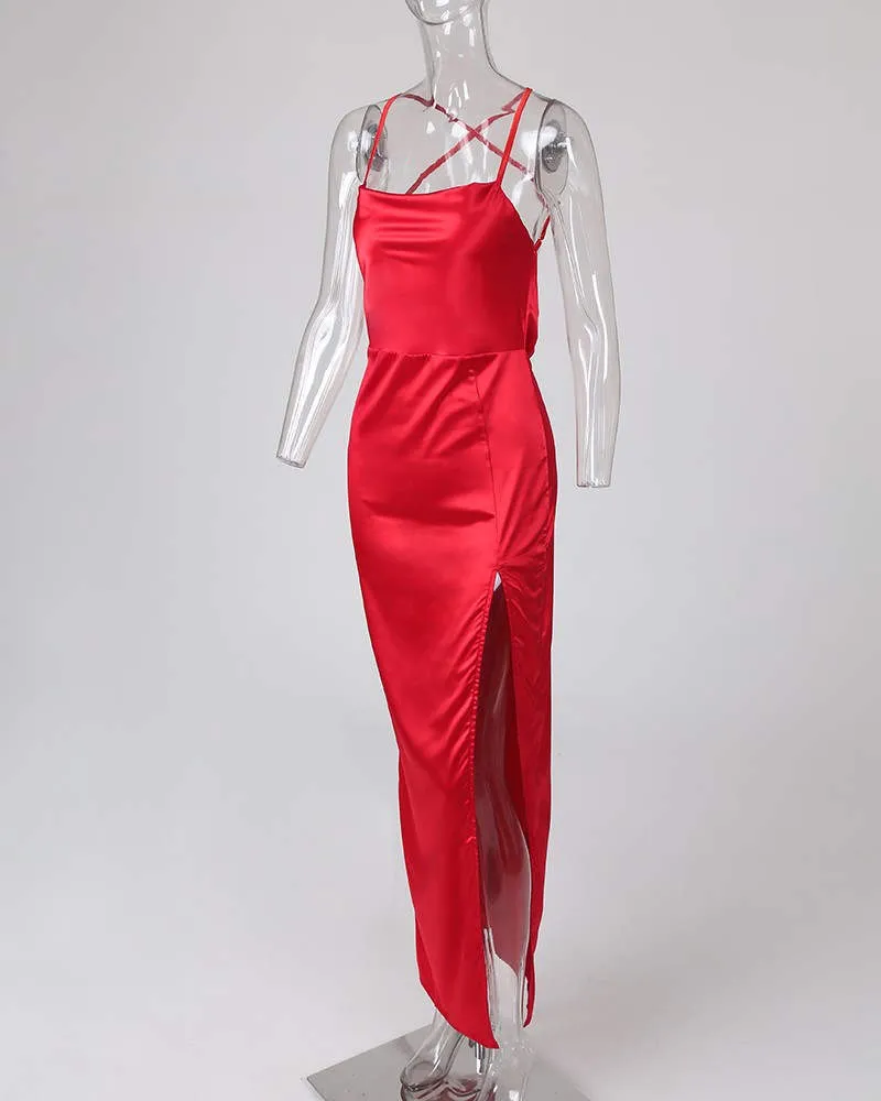 Красные атласные женщины BodyCon Летние сексуальные платья вечеринка ночной клуб носить высокий щель Maxi платье Vestidos T200707