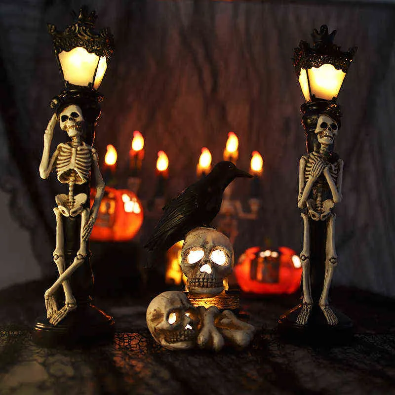 Simulation résine crâne décoration lumière fête lieu disposition accessoires Halloween lampadaire squelette lampe décorative pour la décoration intérieure 2205914655