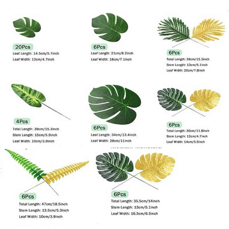 60 adet Yapay Tropikal Palmiye Yaprakları Hawaii Luau Parti Yaz Orman Tema Partisi Dekorasyon Düğün Doğum Günü Ev Masa Dekor 211216