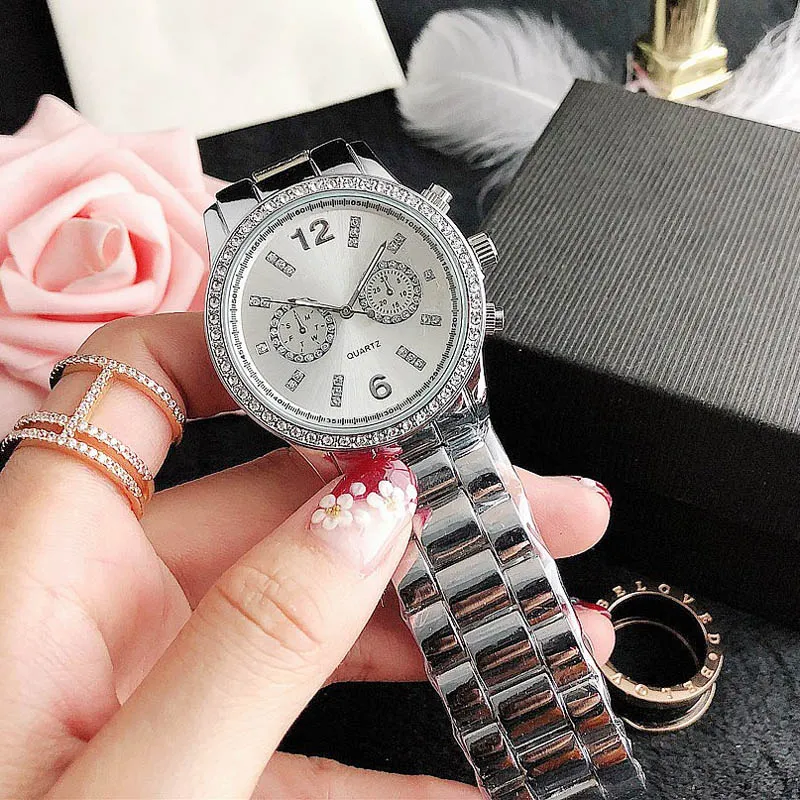 Moda Zegarek Nadgarstek Kwarcowy dla Kobiet Dziewczyna Kryształ 2 Tarczowe Styl Metal Stal Zegarek Zegarek M116