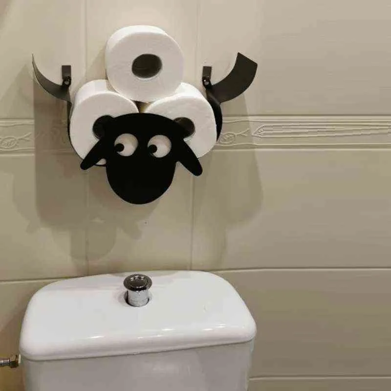 ノルディックスタイルの黒い羊の頭の壁に装着されたトイレットペーパーホルダーティッシュロール金属鉄収納ラック浴室装飾220120