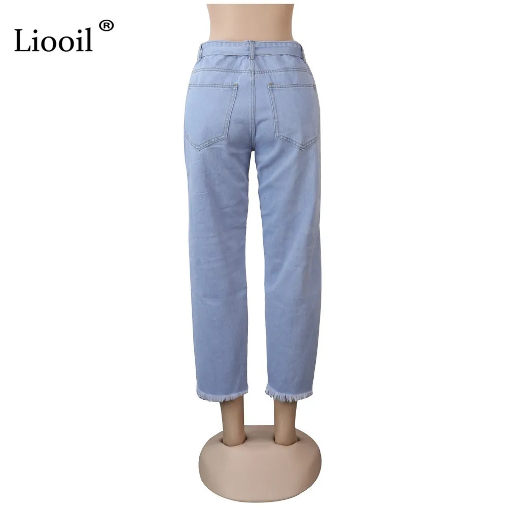 Liooil Bleu Zip Up Ripped Jeans avec trous Poches taille haute Ceinture Jean Pantalons pour femmes Wash Distressed Sexy Slit Denim Pants 201029