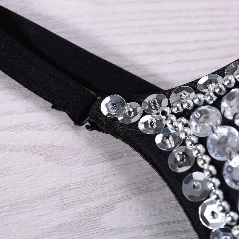 New Womens Rhinestone Bra Metallic Punk Style Clubwear Silver Sparkle ...