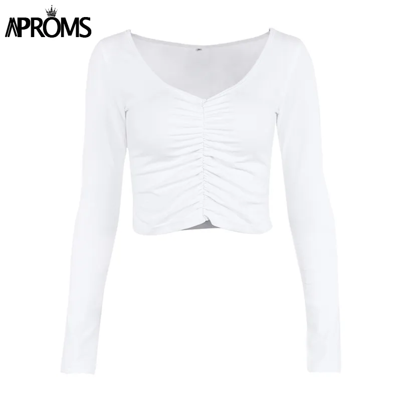 Apromentos Sexy Manga Longa Ruched T-Shirt Branco Mulheres V Neck Stretch Básico Crop Top 90 Meninas Slim Cropped Camiseta Tee Feminino Tops 201028