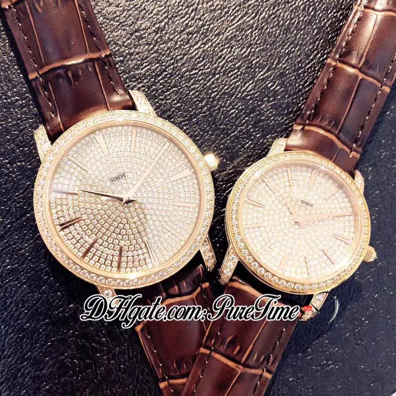 TWF Traditionnelle Reloj de cuarzo suizo para hombre y mujer con diamantes pavimentados completos Dial 82760 000G-9952 Relojes de cuero negro para mujer Puretime P215n