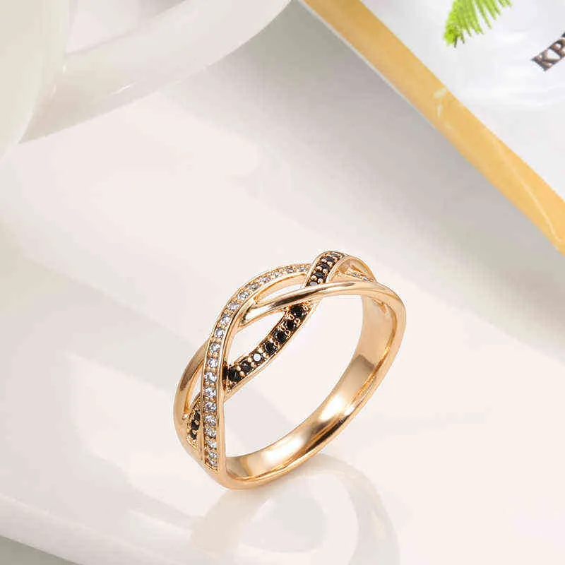 Lyxig 18k Rose Gold Natural Black Diamond Ring Geometrisk Linje Kors Vigselringar för Kvinnor Vintage Mode Smycken 211217