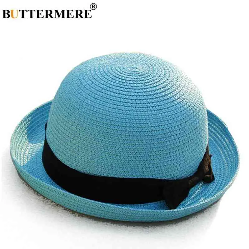 Мульмата Летняя соломенная шляпа белый солнце шляпы женщины котелок шляпа боулер шляпа пляж bowknot путешествия повседневная женская лодка шляпа дамы женская женщина g220301