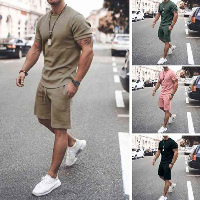 Ta&To Men's Tracksuit Set Summer Solid Sport Hawaiian Suit Short Sleeve T Shirt and Shorts Casual Fashion Man Clothing G220224