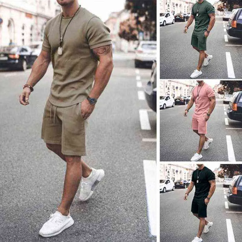 Tato Mäns Tracksuit Set Sommar Solid Sport Hawaiian Suit Short Sleeve T Shirt och Shorts Casual Fashion Man Kläder G220224