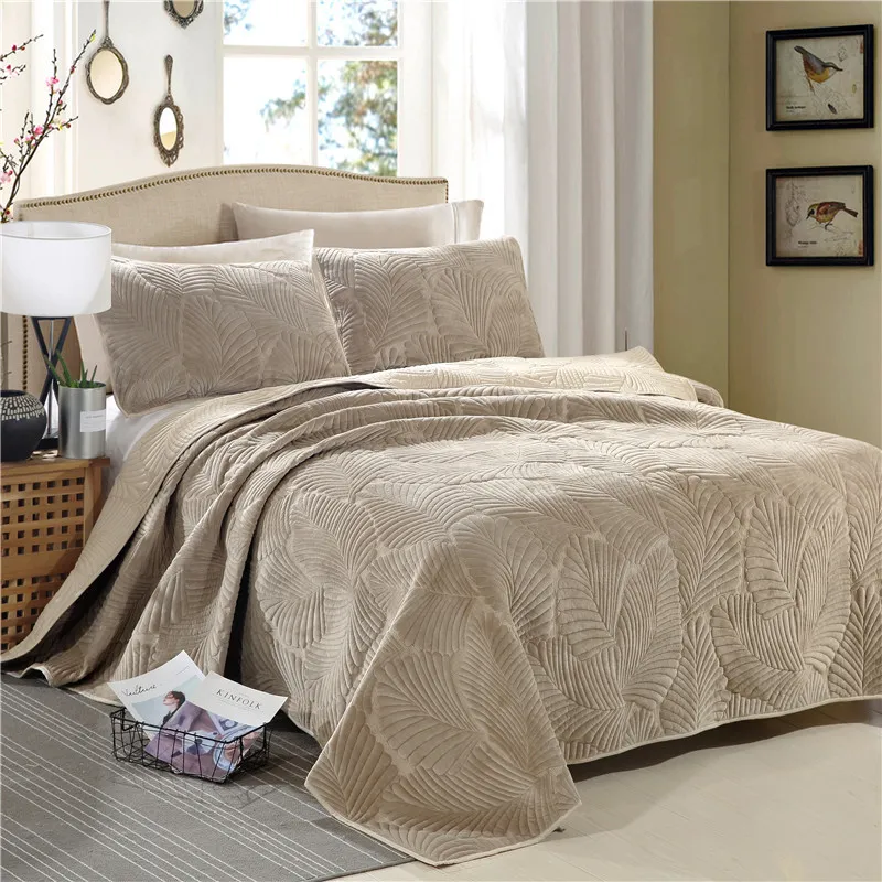 Plush Cotton Quilt Set 3st Palm Leaves Brodery Quilted Bed Bead Bed Cover Sheets Pudow Case Coverlet King Size Y200417