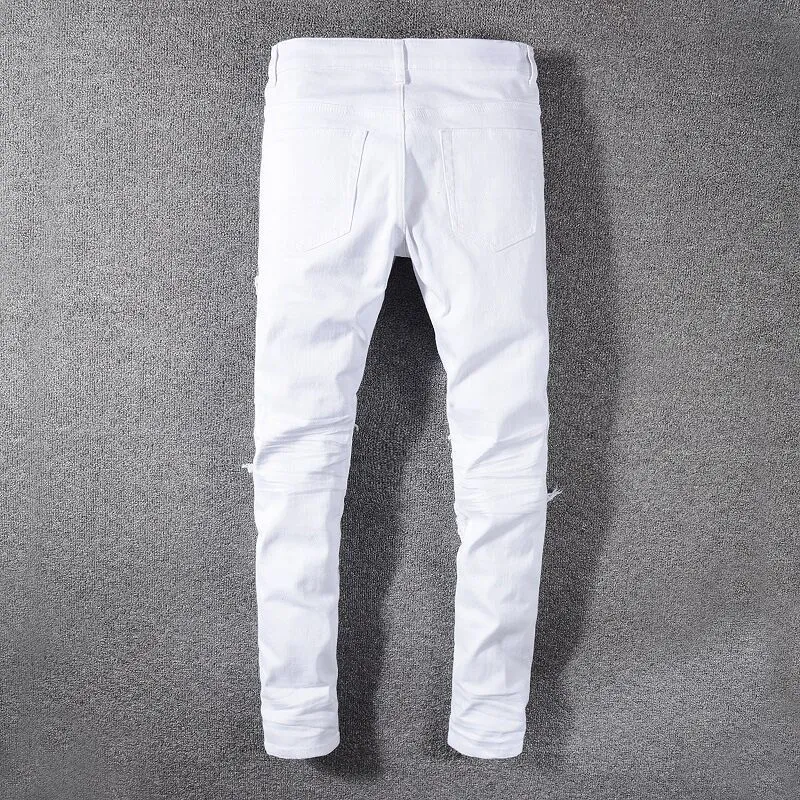 أزياء أزياء الشوارع جينز اللون الأبيض النحيف تناسب الجينز المدمرة الرجال المرقاء المصمم مرنة الهيب هوب جينز سراويل T200614