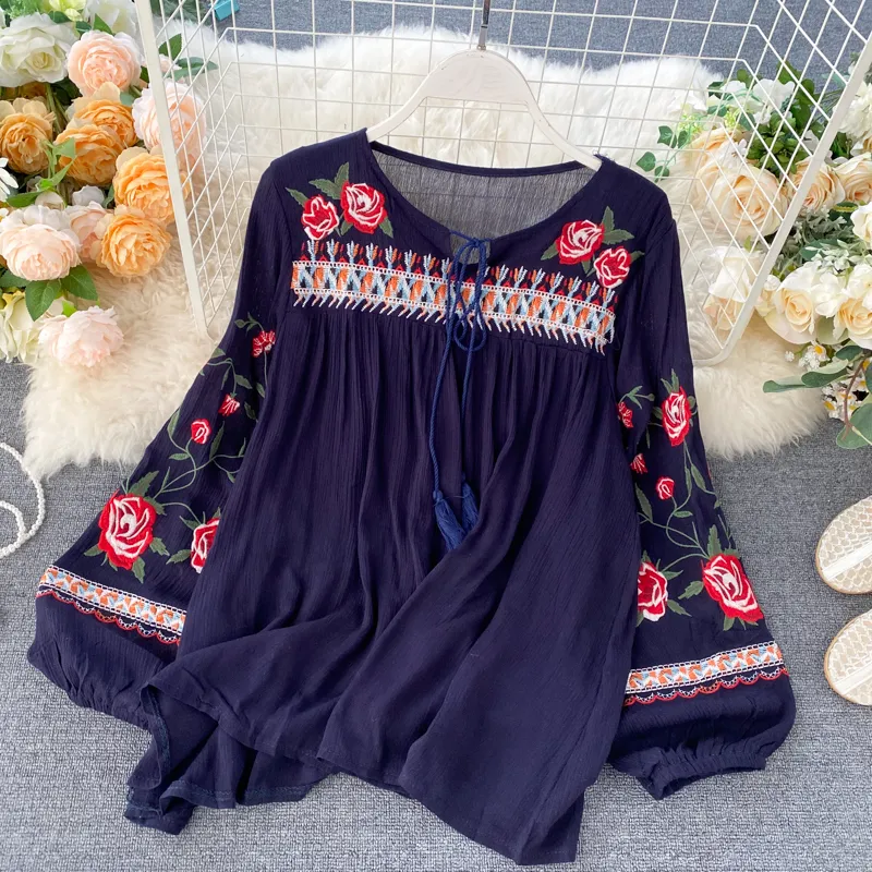 Spring indie folk dames blouse mode borduurwerk bloemen veter shirt dames casual losse pullover vrijheid shirt mode 201202