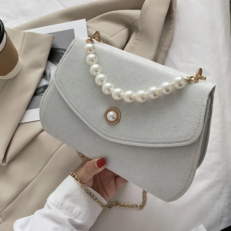 77625 Elegante Velvet Designer Women Shoulder Bag Fashion Party Pearl Chain Crossbody Bags Handtas voor Lady260B