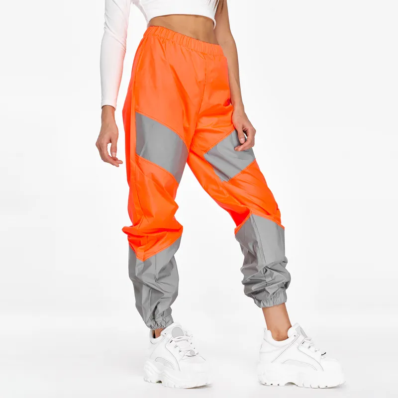 OMSJ Autumn Winter Loose Hight Waist Flash Reflective Patchwork Jogger Pants Women Neon Streetwear Outfits Cargo Trousers 201104