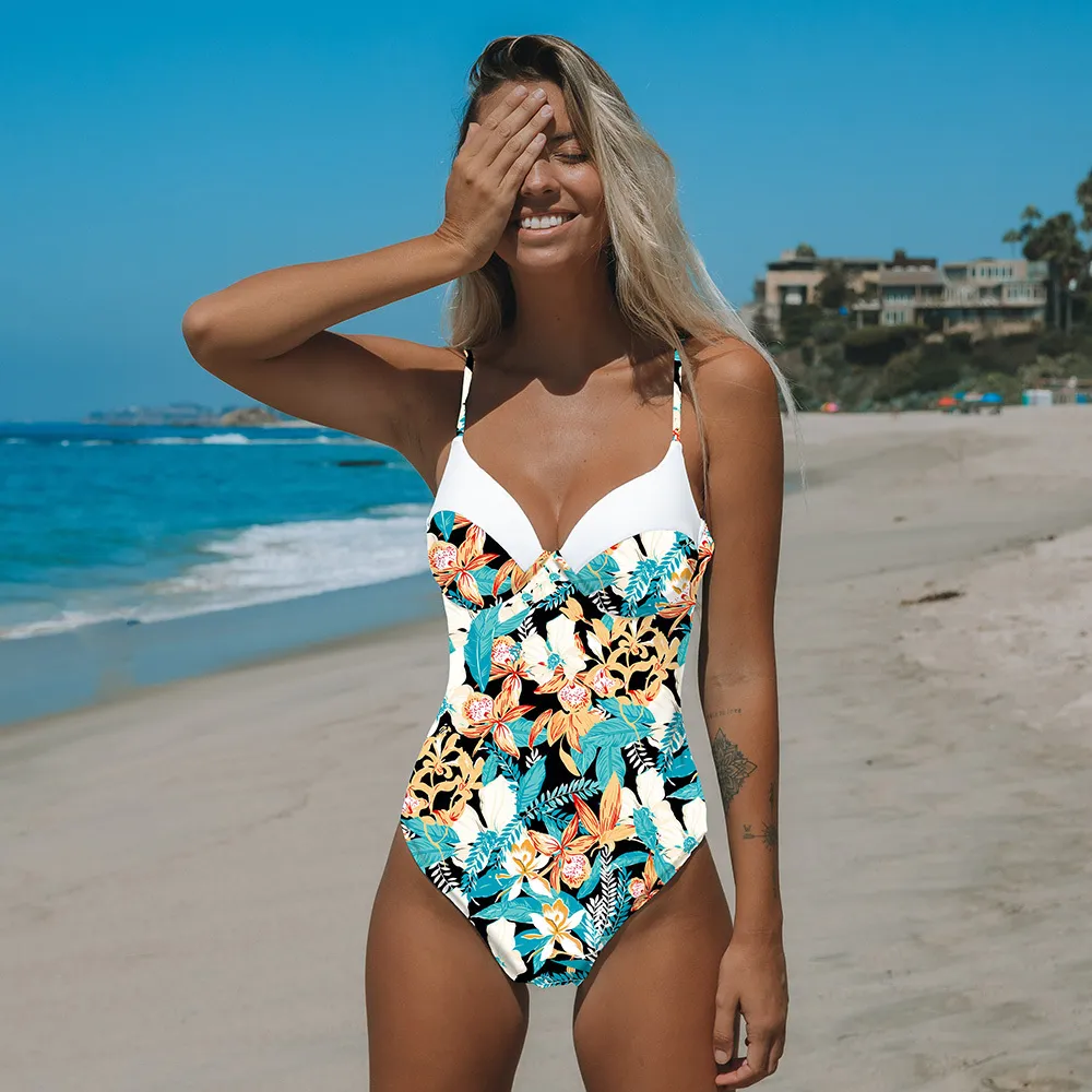 2020 neue Sexy Badeanzug Weibliche Gedruckt Floral Halter Bandage Brasilianische Bademode Frauen Badeanzüge Schwimmen Strand Tragen T200708