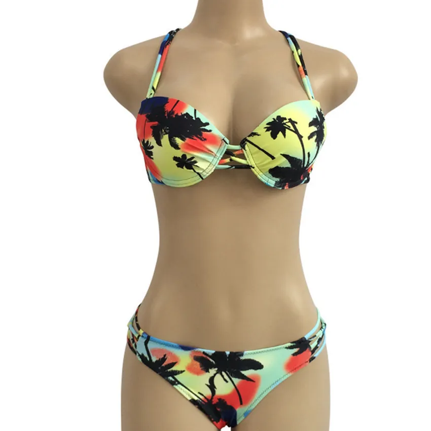 BKning Push Up Bikinis Palm Tree Bikini Strappy Swimwear Dames Badpak Bandage Zwempak Print Bading 2020 Retro Biquini T200708