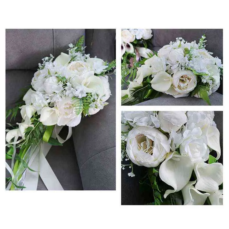 Wedding Bridal Bouquet Cascading Waterfall Artificial Callalily Ivory White Holding Flowers Church Party Decoration AA220308