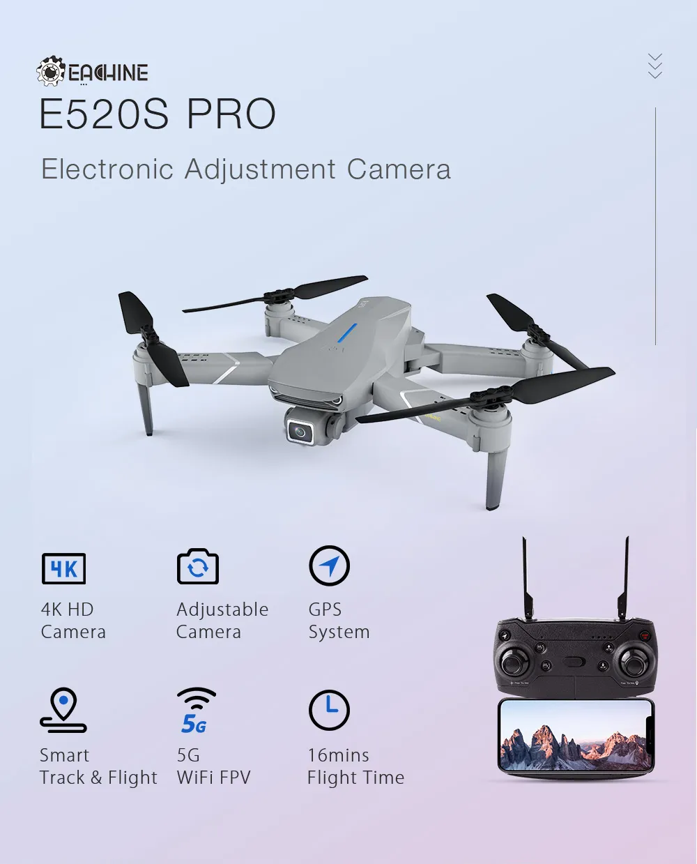 CARYINE E520S PRO RC QUADCOPTER DRONE GPS WiFi FPV с углом регулировки камеры 4K HD 16mins Time складной RTF