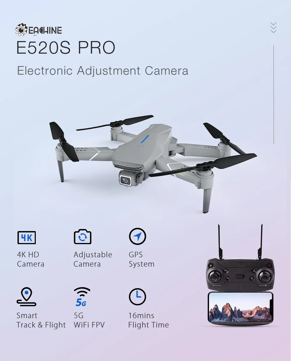 Eachine E520S PRO RC Quadcopter Drone GPS WIFI FPV With 4K HD Camera Adjustment Angle 16mins Flight Time Foldable RTF