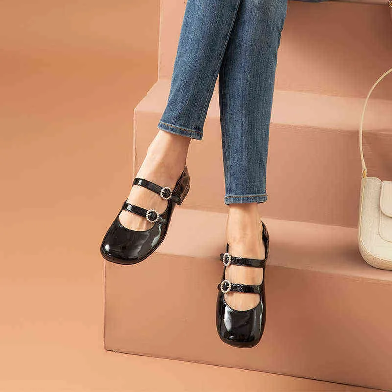 더블 버튼과 어깨 끈이있는 여성의 로리타 신발 평면 Toe Cap Mary Janis JK Handmade 2 9