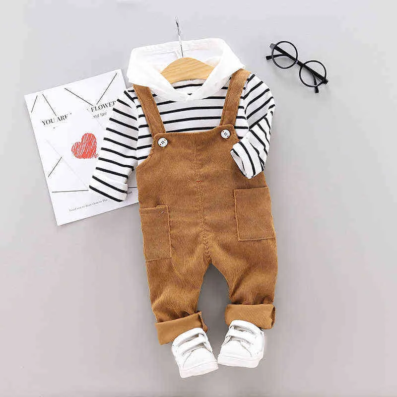 Primavera Autunno Neonati maschi Vestiti bambini Giacca con cappuccio a righe in cotone bambini + Pantaloni 2 pezzi / set Indumento bambini Tuta sportiva casual Y220310