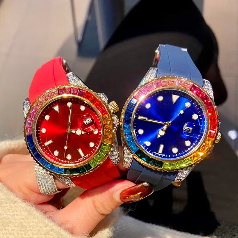2021 relojes de diseño arcoíris anillo diamante cinco colores para hombre para mujer relojes de pulsera movimiento de cuarzo hombres watch267L