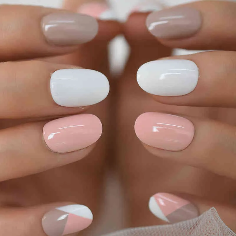 Valse nagels ronde nep spijkers volledige cover kunstmatige witte roze pers op kaki korte valse nagel kunst tips designer 220225