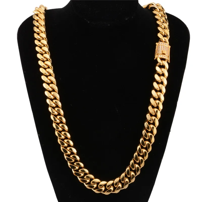 12-18mm wide Stainless Steel Cuban Miami Chains Necklaces CZ Zircon Box Lock Big Heavy Gold Chain for Men Hip Hop Rock Jewelry299l