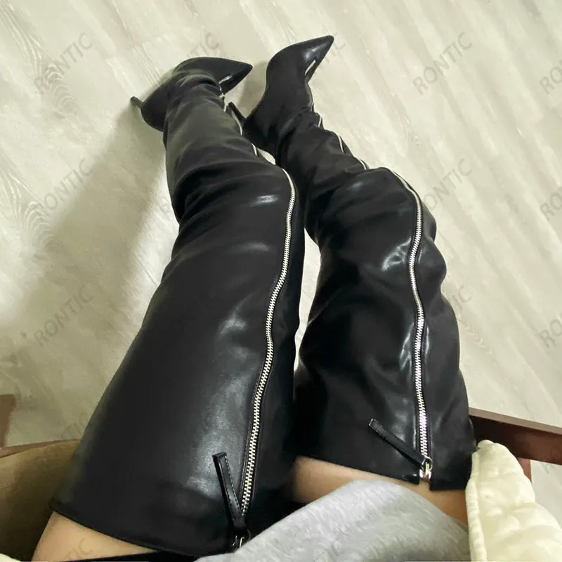 Rontic 女性の冬の腿のブーツマットフェイクレザーフロントジッパースティレットヒールポインテッドトゥエレガントな黒のパーティーシューズ米国サイズ 5-15