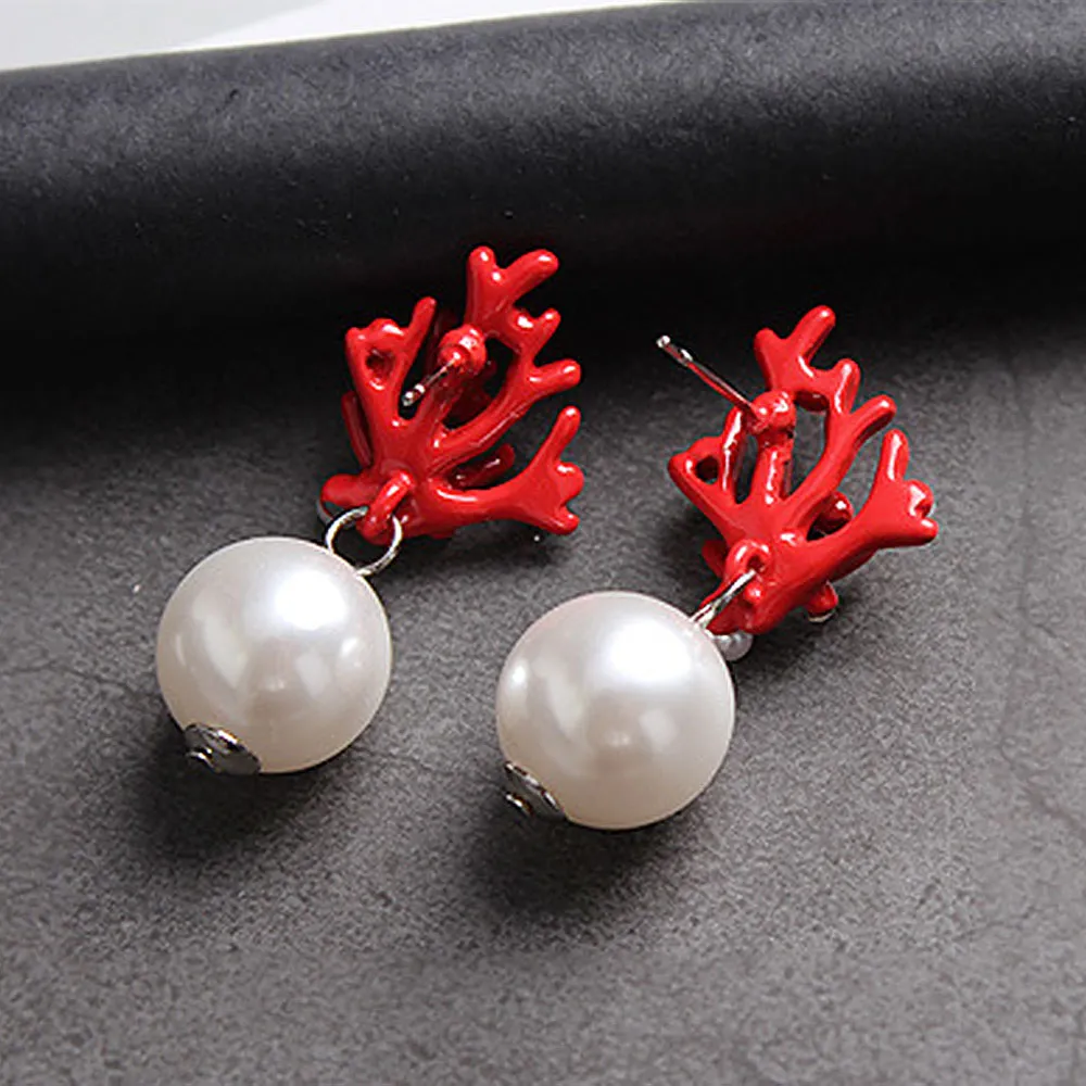 붉은 산호 사슴 뿔 크리스마스 귀걸이 흰색 가짜 진주 스터드 귀걸이 패션 크리스마스 선물 쥬얼리 홀리데이 파티 귀 액세서리