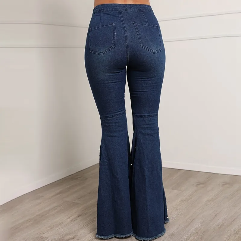 Jeans évasés en denim perlé Femmes jeans skinny élastiques taille haute Pantalons larges dames Jeans décontractés à bas de cloche Pantalons plus la taille 200930