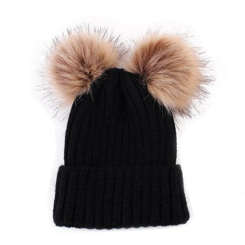 Chapeaux d'hiver tricotés en fourrure à deux pompons pour femmes, Bonnet en fausse fourrure, mignon, en laine, chaud, Gorro Bonnet Femme231J