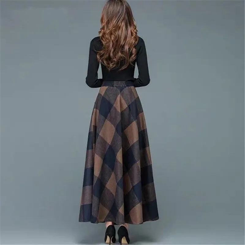 Vintage A-Line Yüksek Bel Yün Etekler 2019 Sonbahar Kış Moda kadın Yün Maxi Etekler Kadın Rahat Uzun Streetwear T200712