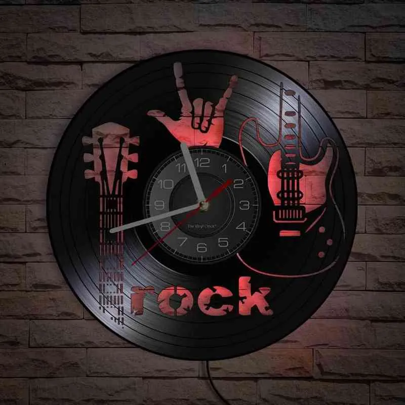 Rock Guitar Vinyl Album Re-purposed Record Wall Clock Rock N Roll Music Room Decor Vintage Retro Music Instrument Inspired Gift H1230