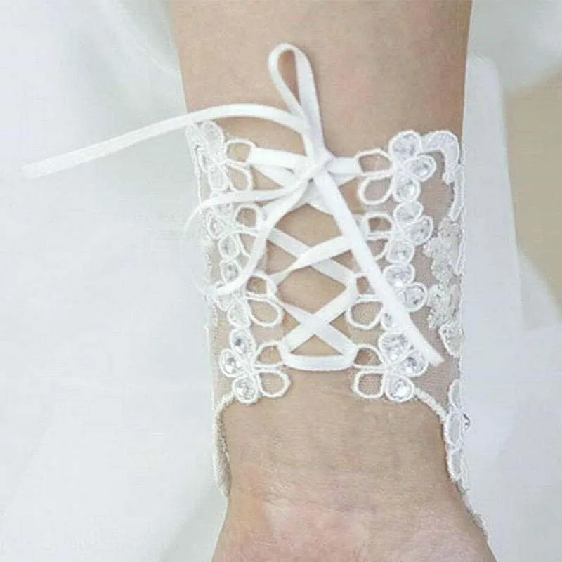 Lace Bridal Gloves Fingerless Ribbon Beads Short Wedding Gloves Rhinestone Party Opera Dance Accessories6230979