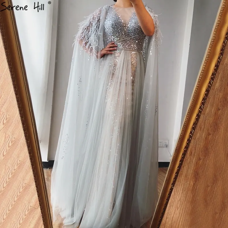 Dubaï gris a-ligne de luxe robes de soirée sexy 2020 plumes de diamant châle fil robe formelle Serene Hill LJ201119