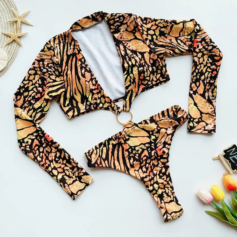 Leopardtryck brasiliansk bikini thong långärmad simning för kvinnor bodysuits badkläder kvinnlig monokini 2020 Ny T200708