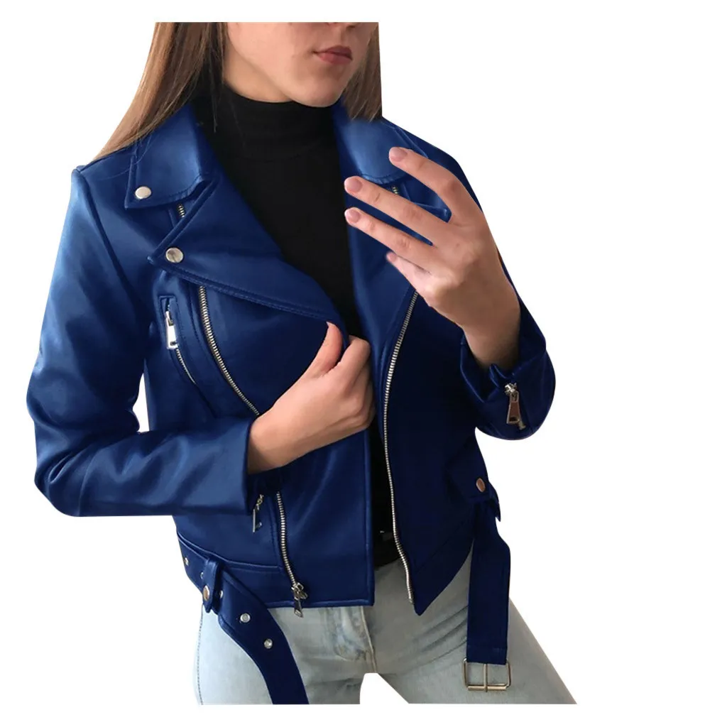 Femmes Cool Faux Veste En Cuir À Manches Longues Fermeture Éclair Équipée Manteau Automne Veste Courte Automne Hiver Moto Streetwear Outwear 201029