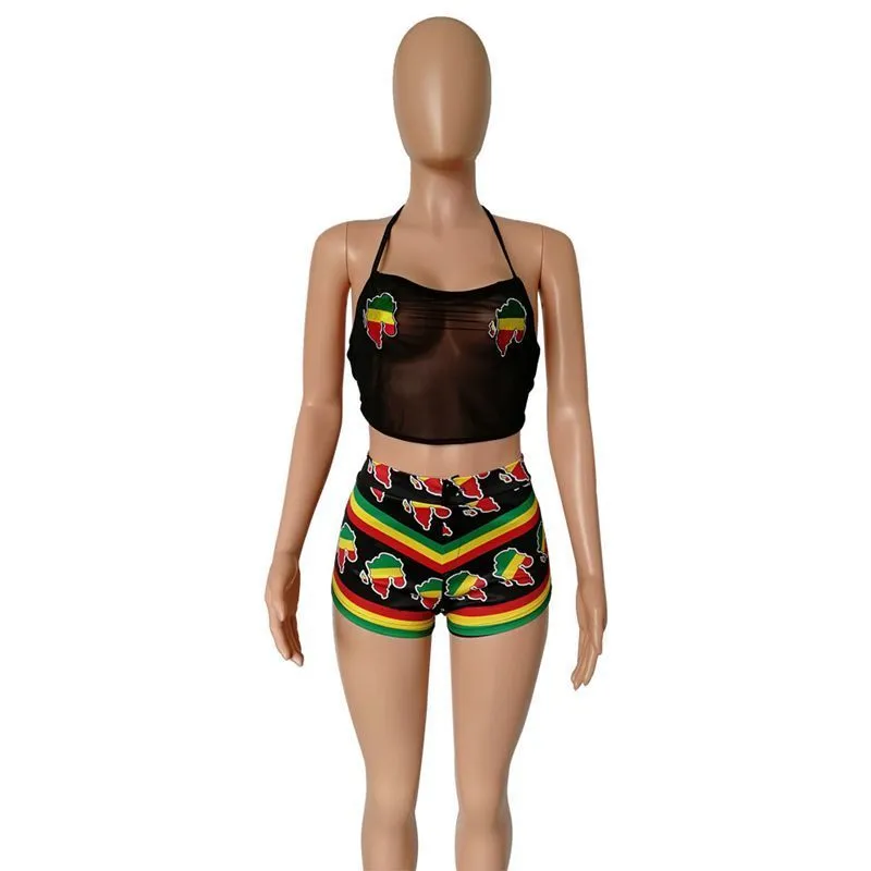 ZOOEFFBB Voir À Travers La Dentelle Sexy Deux Pièces Ensemble Halter Off Épaule Top Et Short D'été Plage Maillot De Bain Impression Femmes Tenues T200701