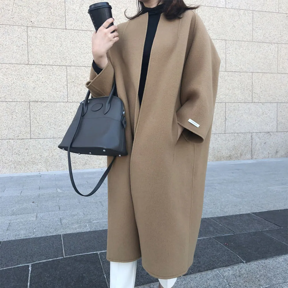 cappotto lungo oversize coreano minimalista donna autunno inverno misto lana soprabito streetwear elegante cappotto giacca di lana femminile 2020 LJ201201