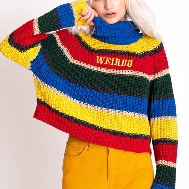 Harjuku Strisce a contrasto Maglione a collo alto lavorato a maglia Maglione a collo alto con ricamo WEIRDO Top oversize donna / 201221