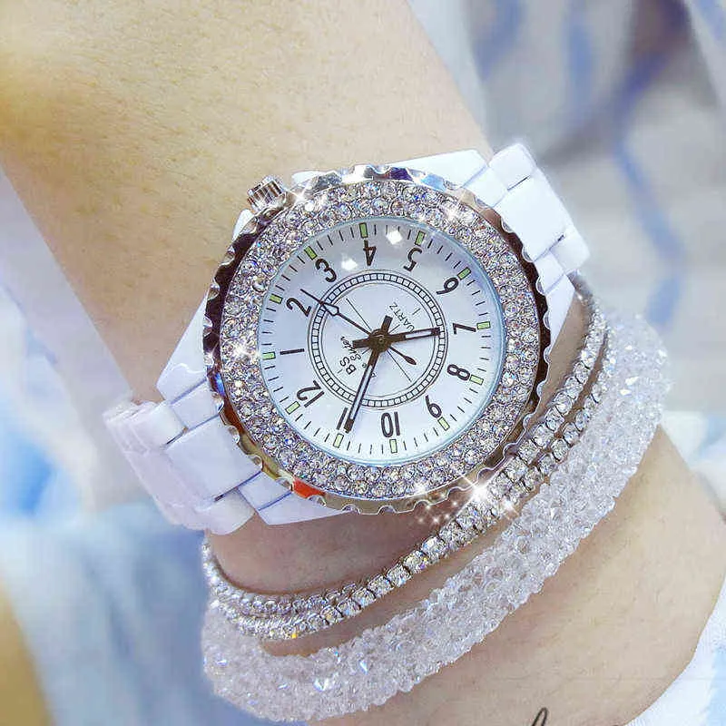 Montres-bracelets en cristal de luxe pour femmes, en céramique blanche, à Quartz, à la mode, 220111224Y