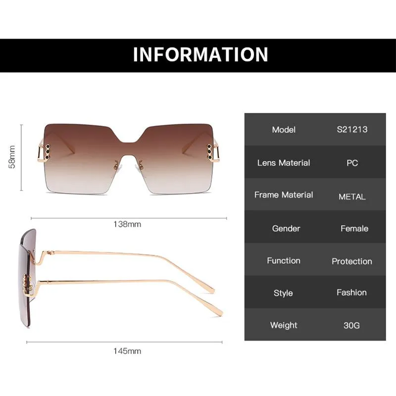 Solglasögon Rimless Square Women Overdimensionerade ramlösa solglasögon för damer Fashion Big Frame Solglass Trendy Personality287T