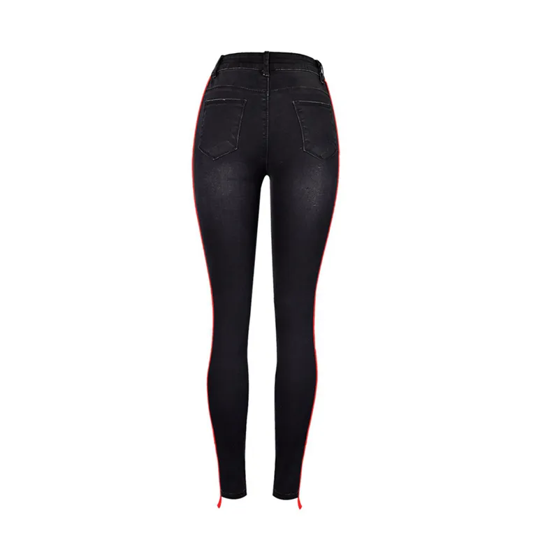 Mode rouge rayé taille haute jeans femme Sexy noir stretch maigre maman jeans femmes Streetwear Denim crayon pantalon 201030