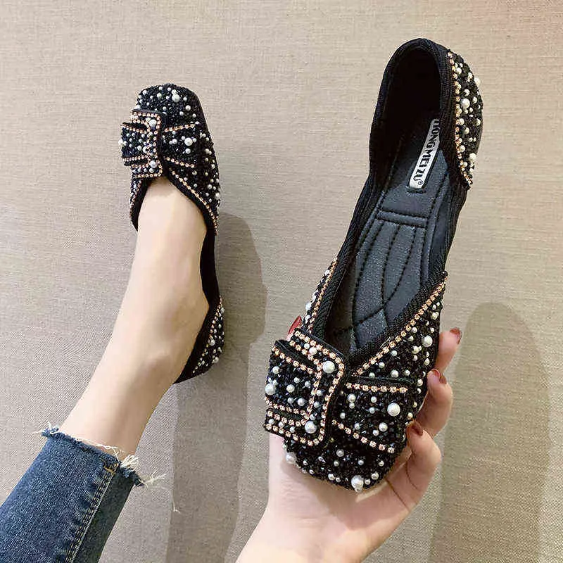 Sandals Women Ballet Flats Bling Crystal Diamond Dress Ladies Bow Sequins Single Shoes Rhinestone Glitter Square Toe Plus Size 43 220309